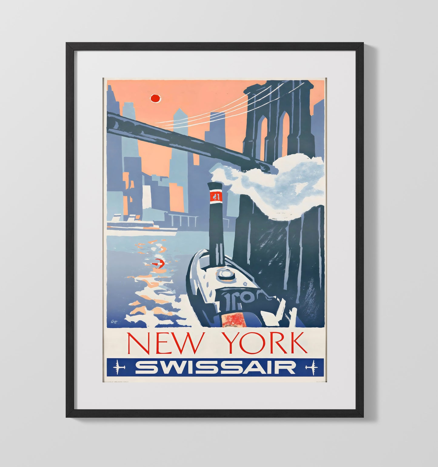 New York Swissair Travel Vintage Travel Print 16x20 Gallery Frame travel wall art print