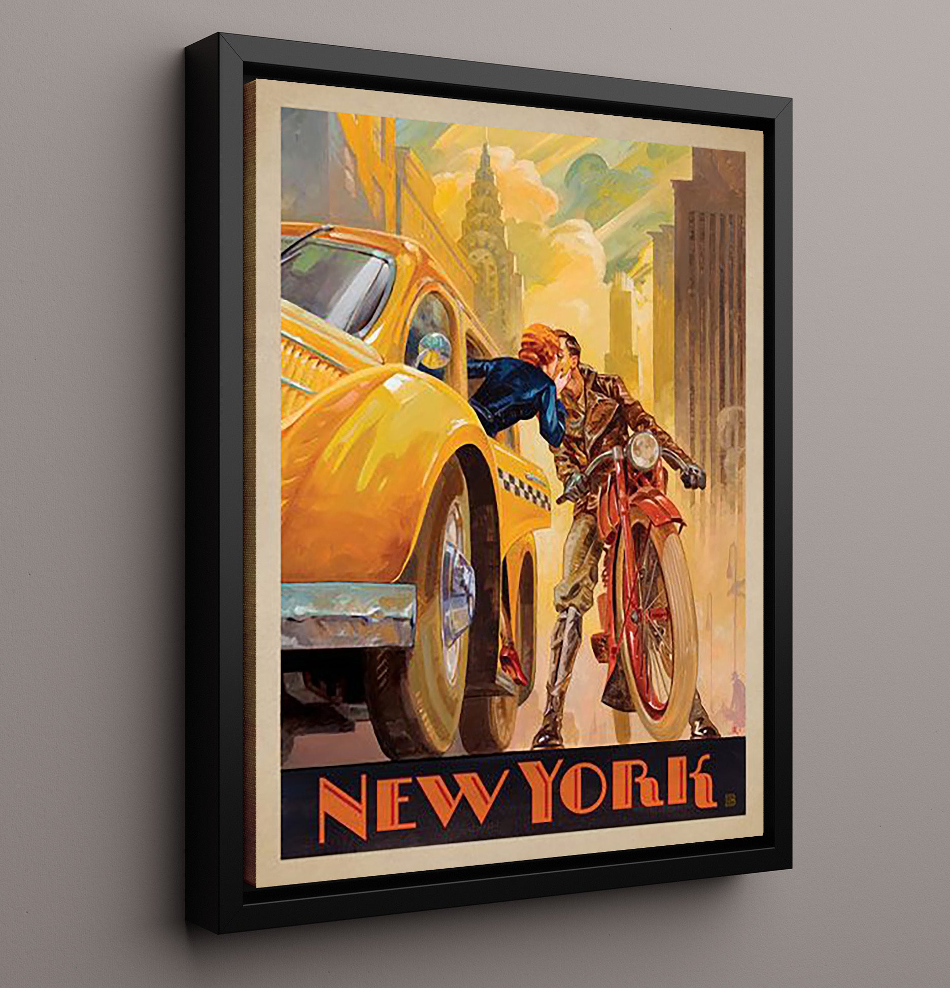 New York Taxi and Motorcycle Kiss Vintage Travel Print 16x20 Framed Canvas travel wall art print