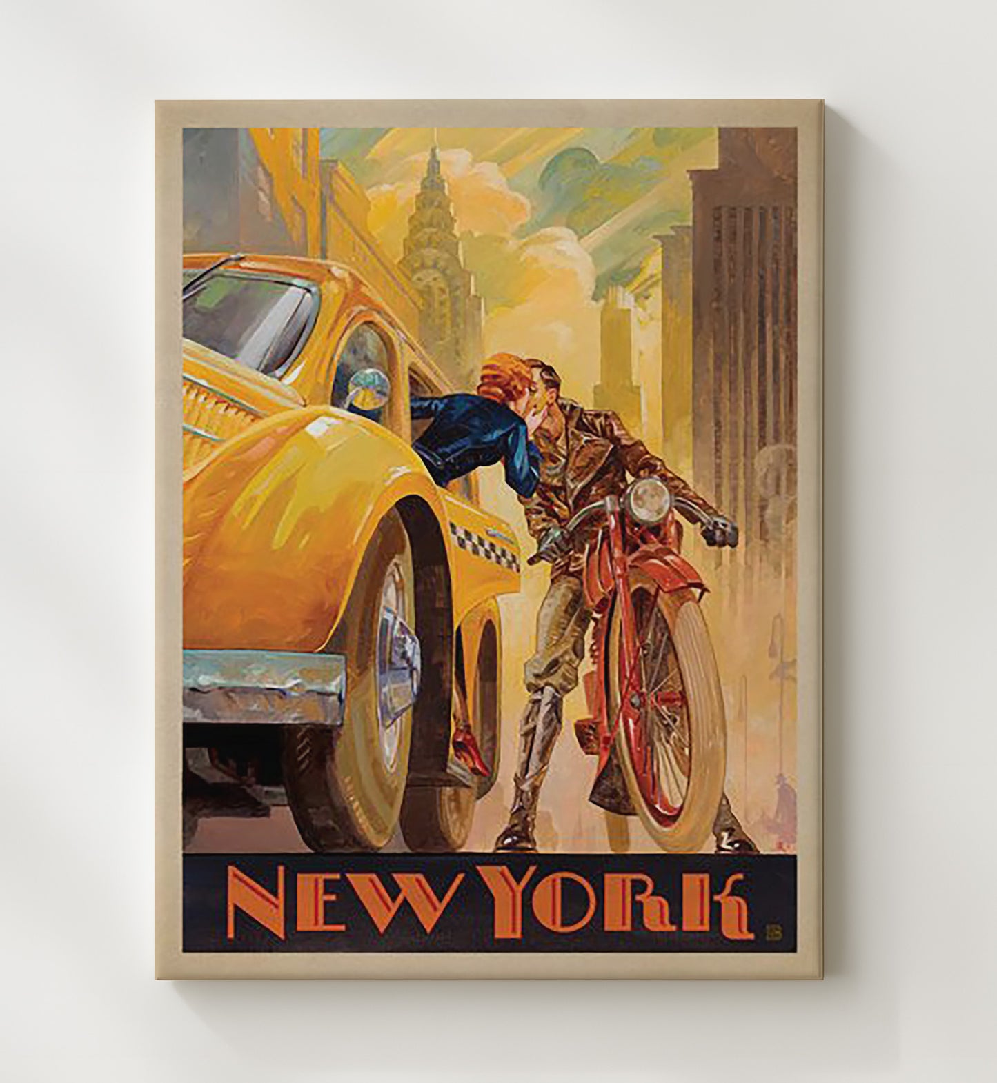 New York Taxi and Motorcycle Kiss Vintage Travel Print 20x24 Canvas travel wall art print
