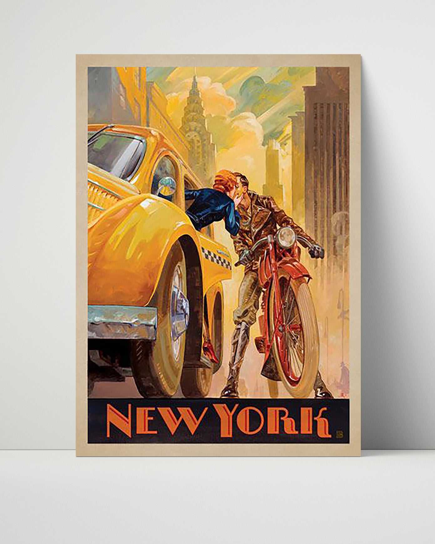 New York Taxi and Motorcycle Kiss Vintage Travel Print 16x20 Unframed Print travel wall art print