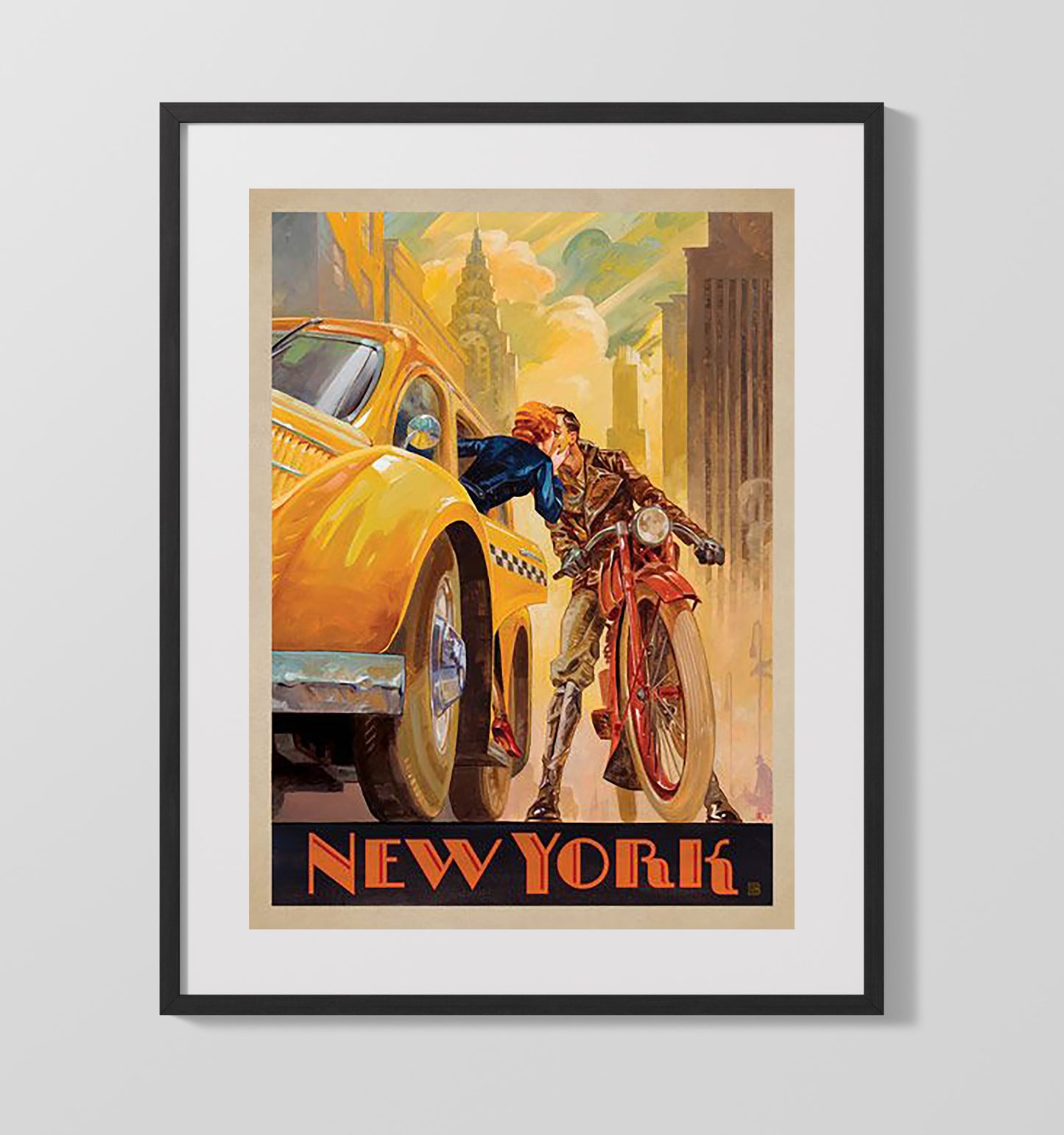 New York Taxi and Motorcycle Kiss Vintage Travel Print 16x20 Gallery Frame travel wall art print
