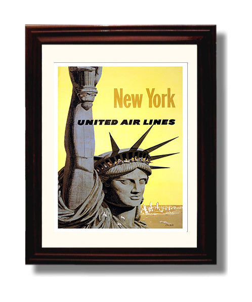 New York UnitedAirlines Vintage Travel Print 8x10 Beveled Frame travel wall art print