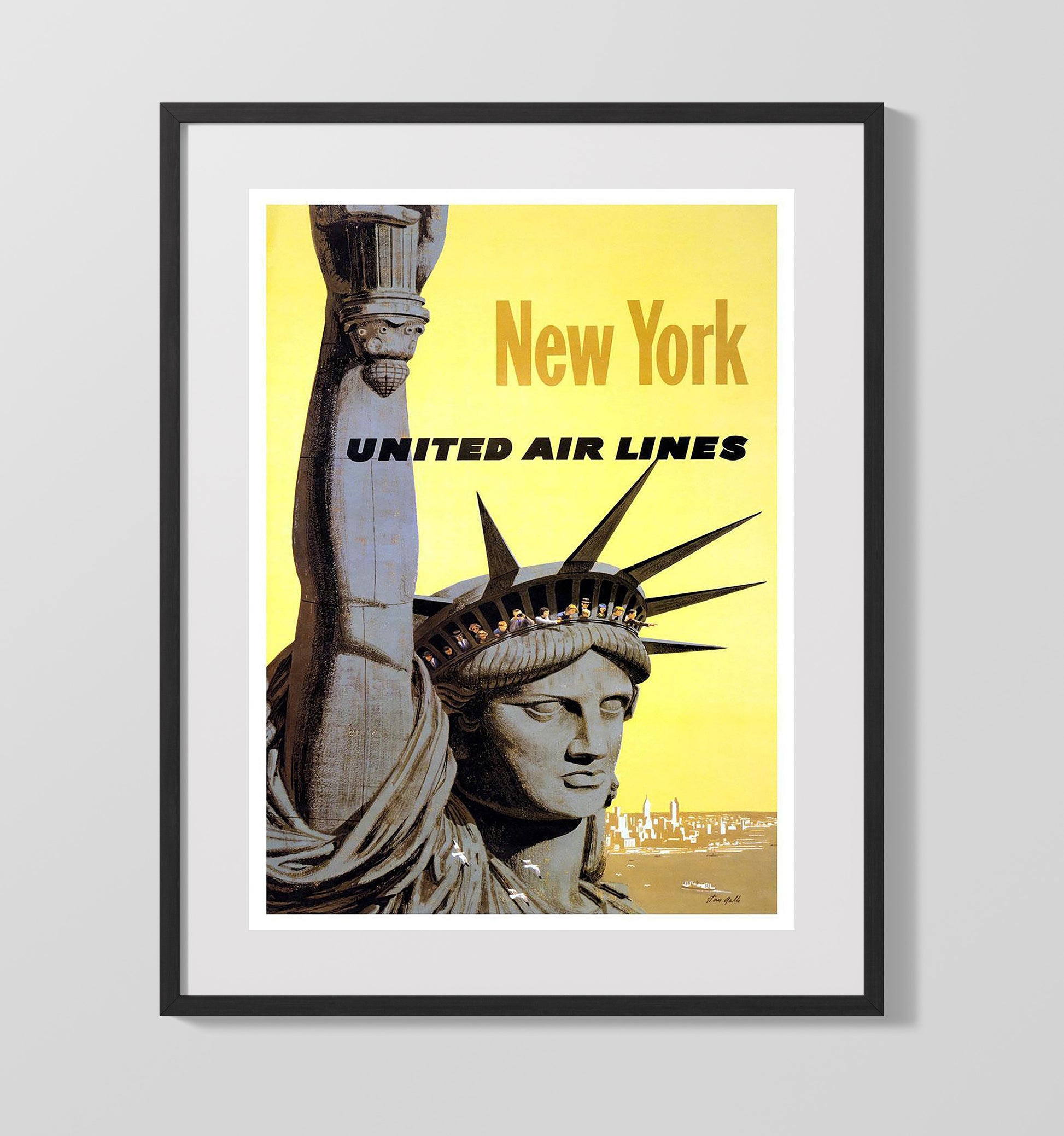 New York UnitedAirlines Vintage Travel Print 16x20 Gallery Frame travel wall art print