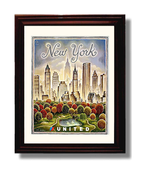 New York United Airlines Vintage Travel Print 8x10 Beveled Frame travel wall art print
