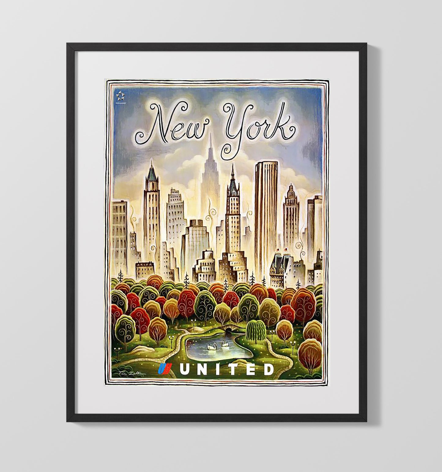New York United Airlines Vintage Travel Print 16x20 Gallery Frame travel wall art print