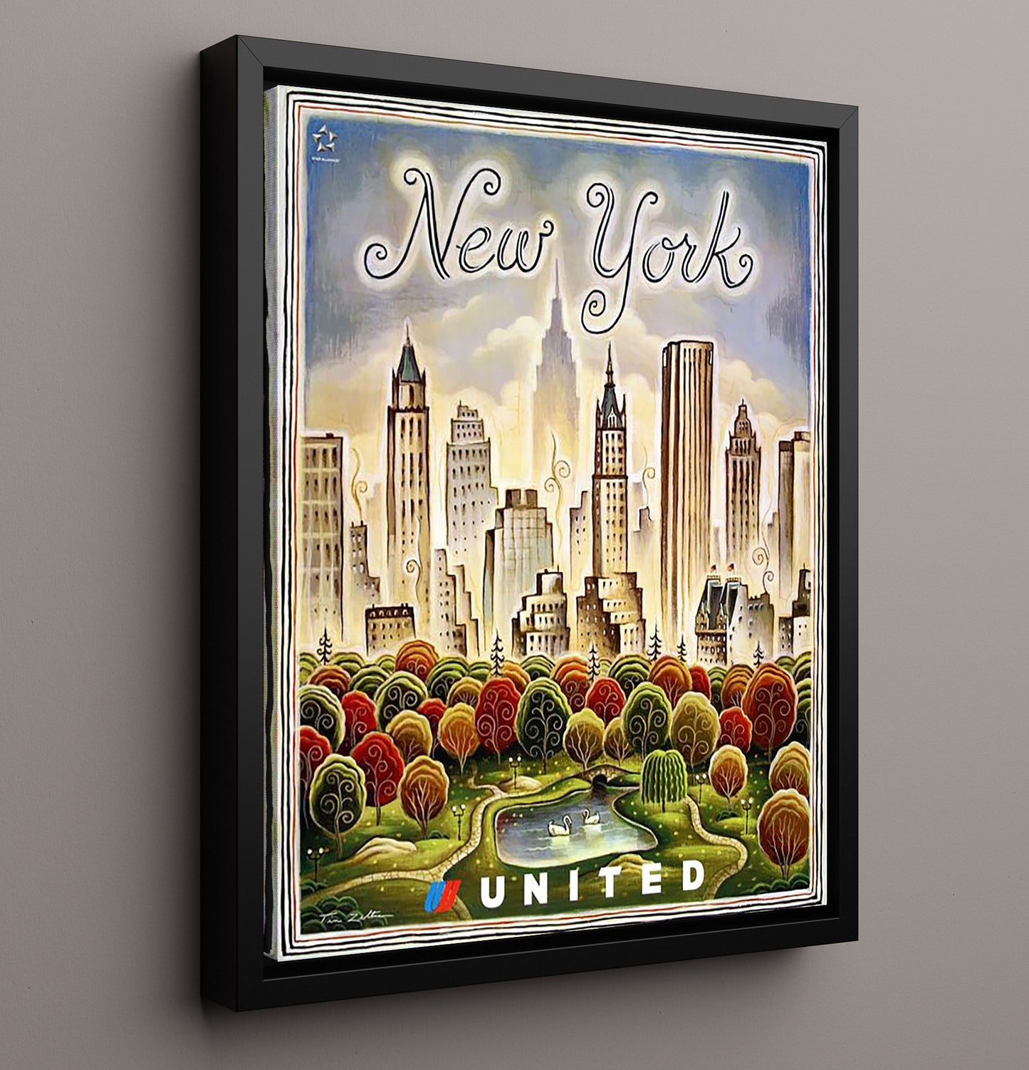 New York United Airlines Vintage Travel Print 16x20 Framed Canvas travel wall art print