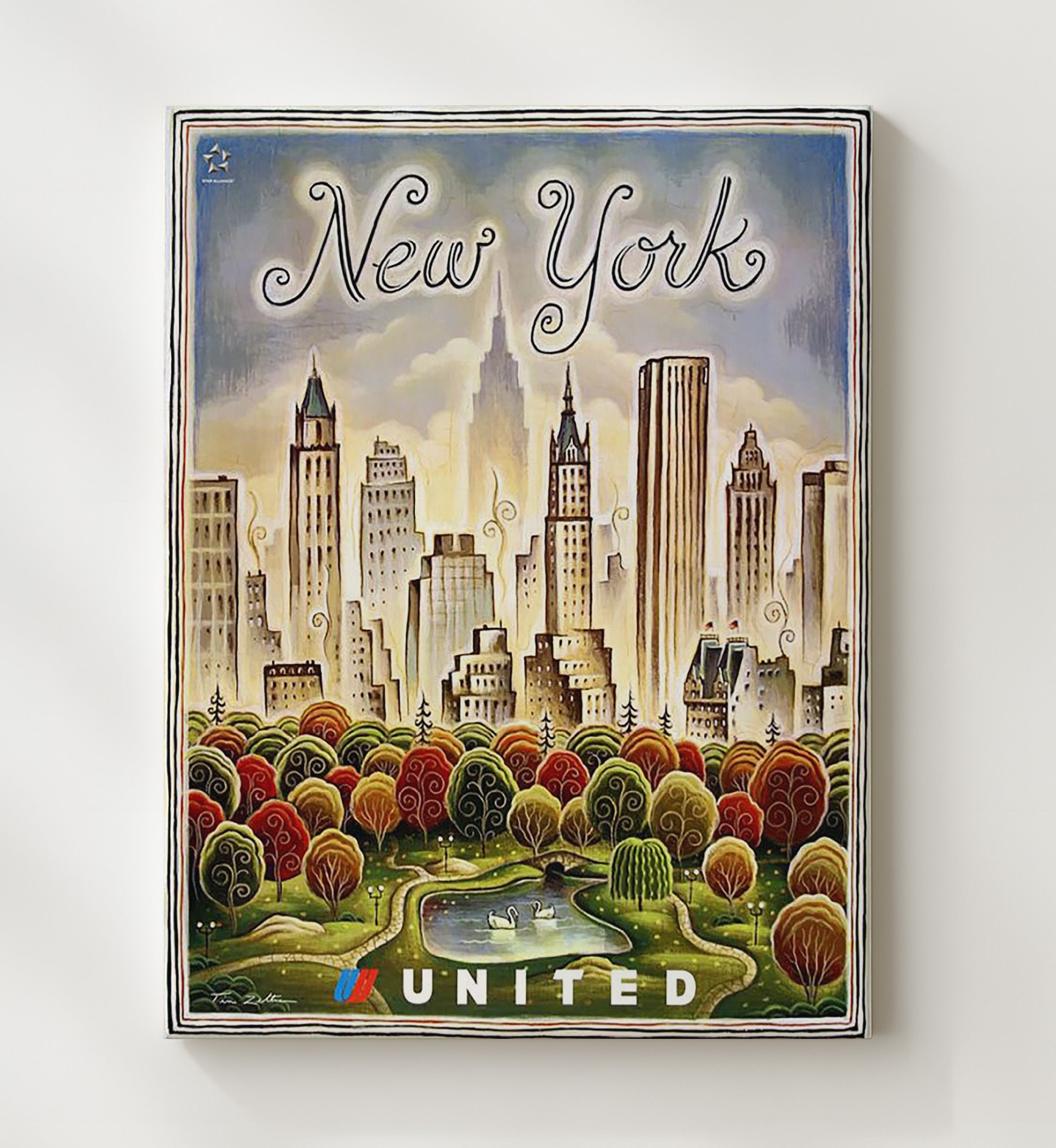 New York United Airlines Vintage Travel Print 20x24 Canvas travel wall art print