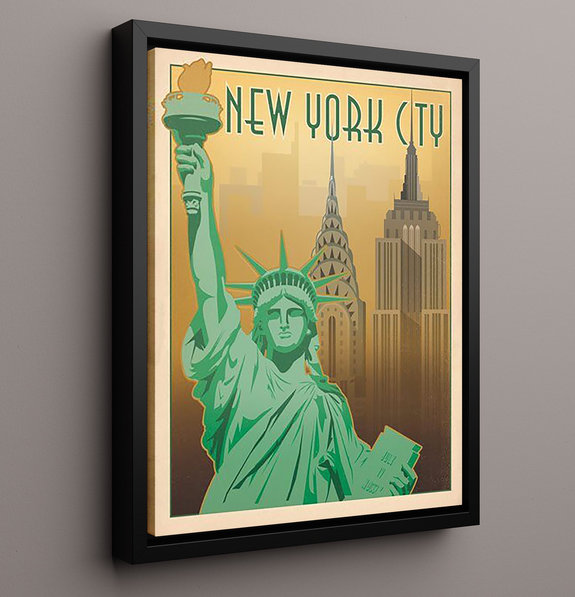 New York City Statue of Liberty Vintage Travel Print 16x20 Framed Canvas travel wall art print