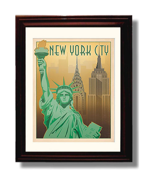 New York City Statue of Liberty Vintage Travel Print 8x10 Beveled Frame travel wall art print