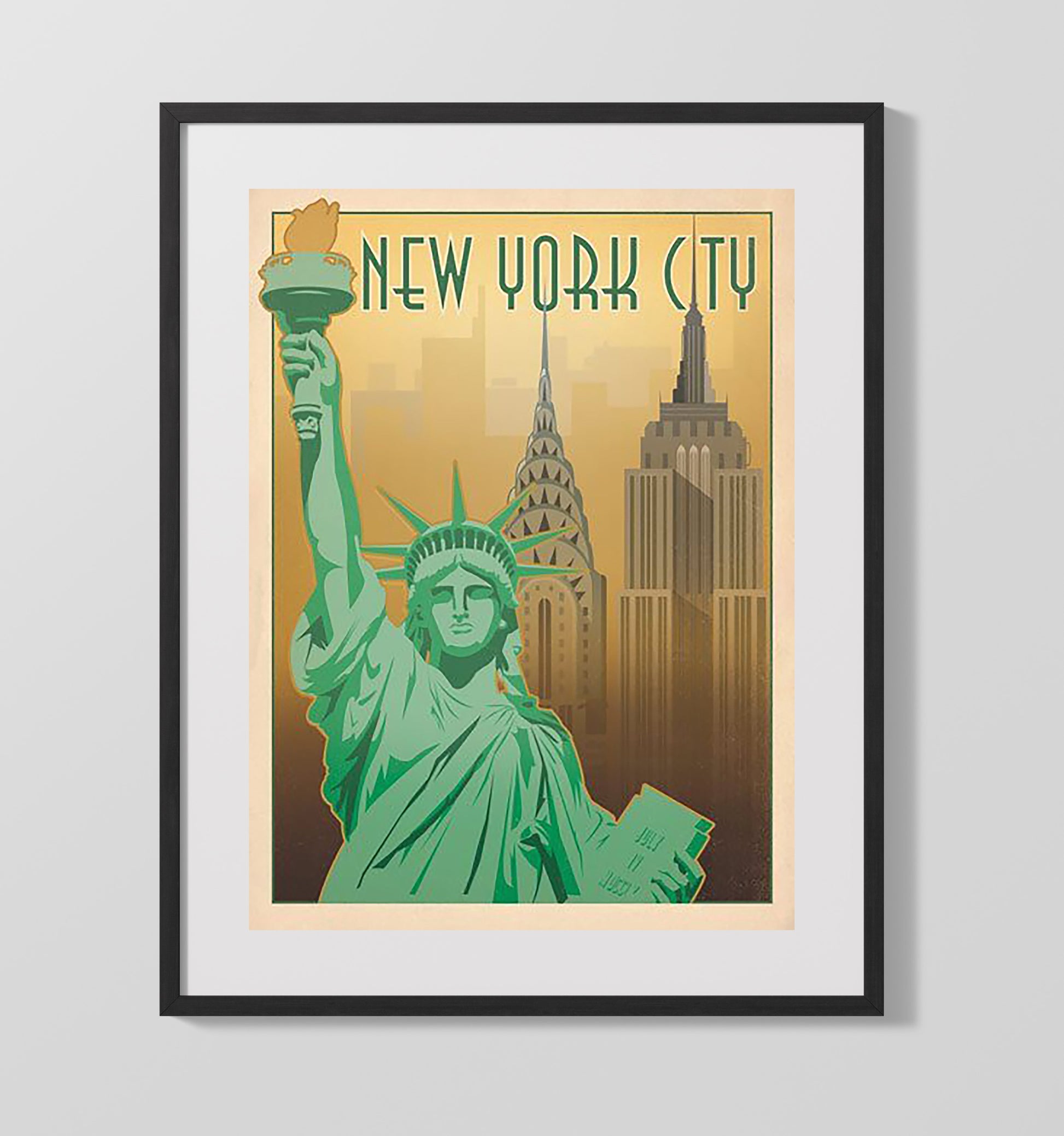 New York City Statue of Liberty Vintage Travel Print 16x20 Gallery Frame travel wall art print