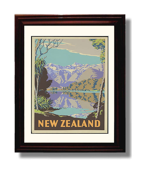 New Zealand Lakeside Mountains Vintage Travel Print 8x10 Beveled Frame travel wall art print