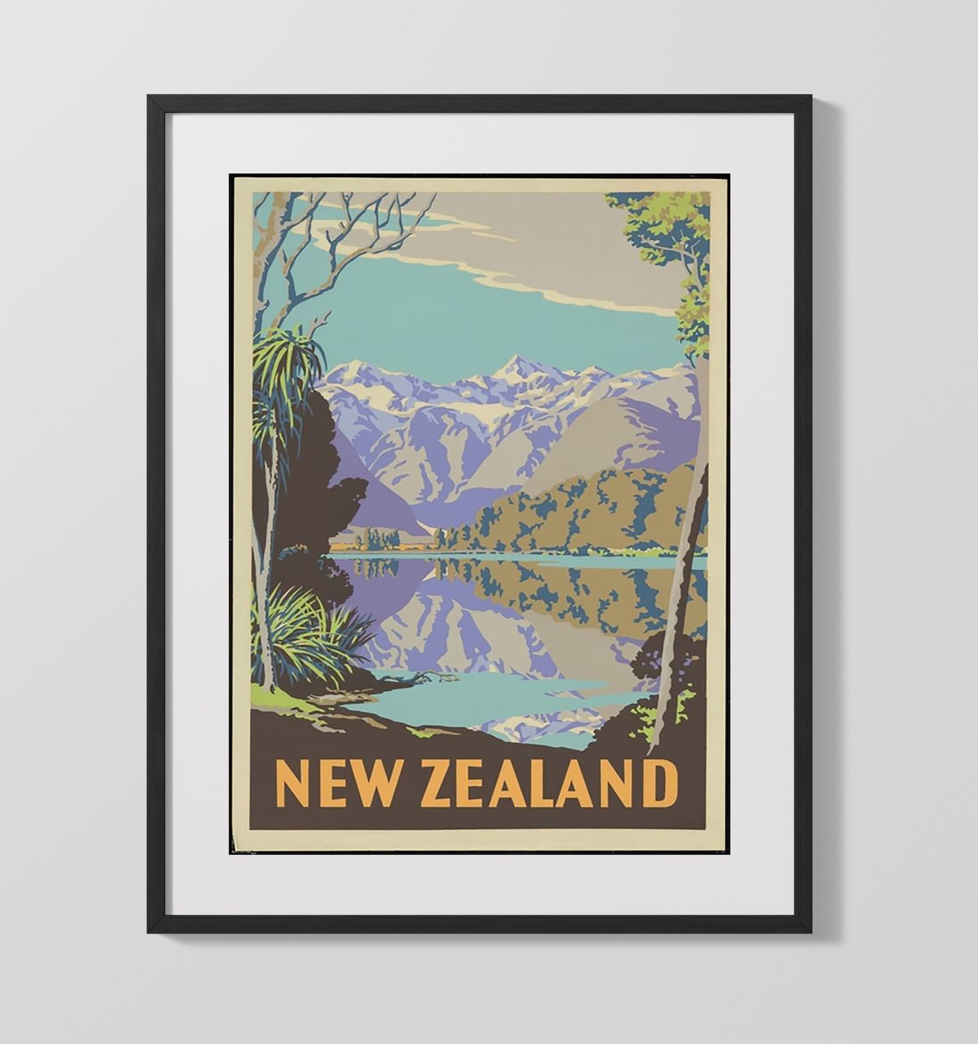 New Zealand Lakeside Mountains Vintage Travel Print 16x20 Gallery Frame travel wall art print
