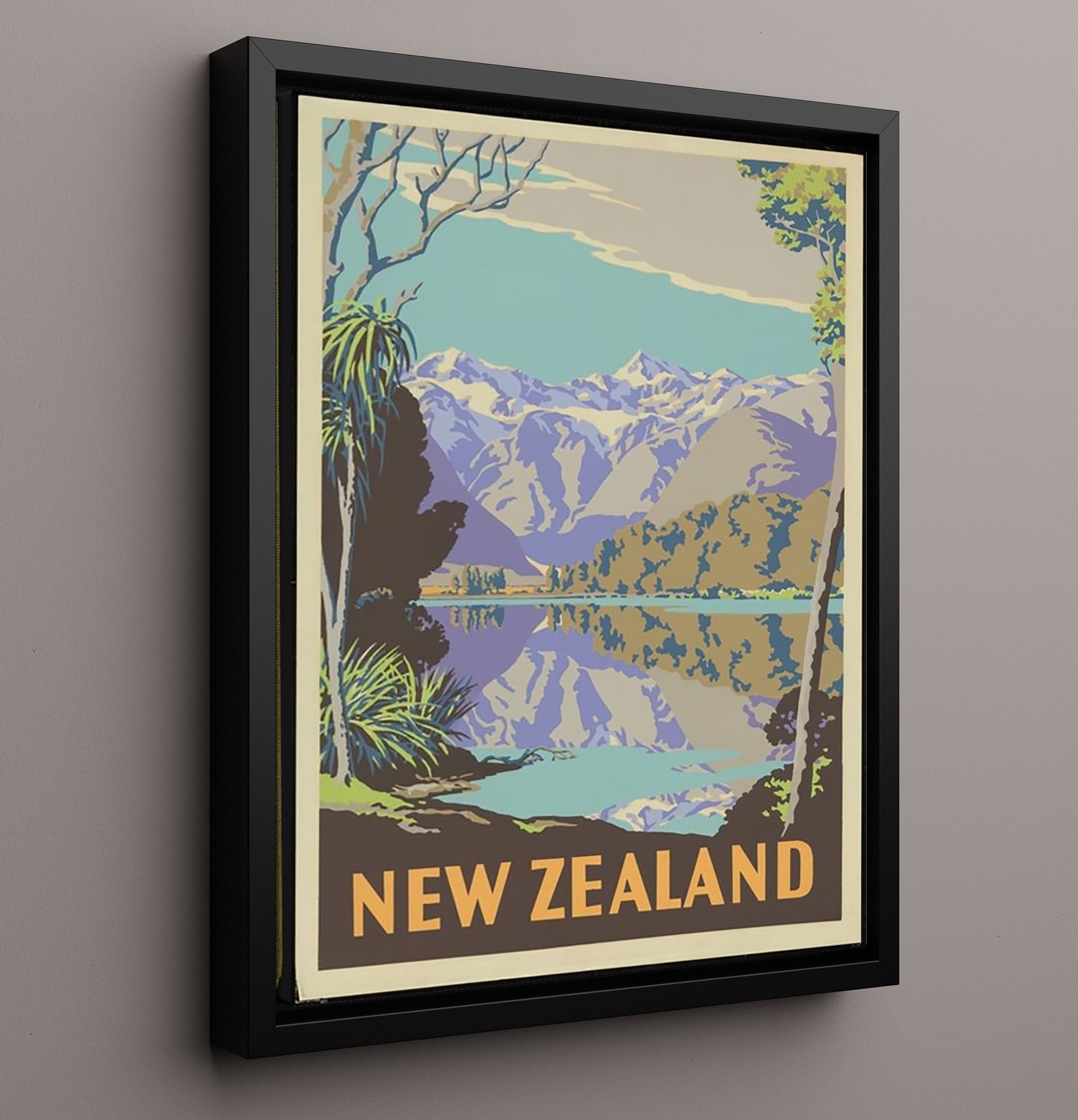 New Zealand Lakeside Mountains Vintage Travel Print 16x20 Framed Canvas travel wall art print