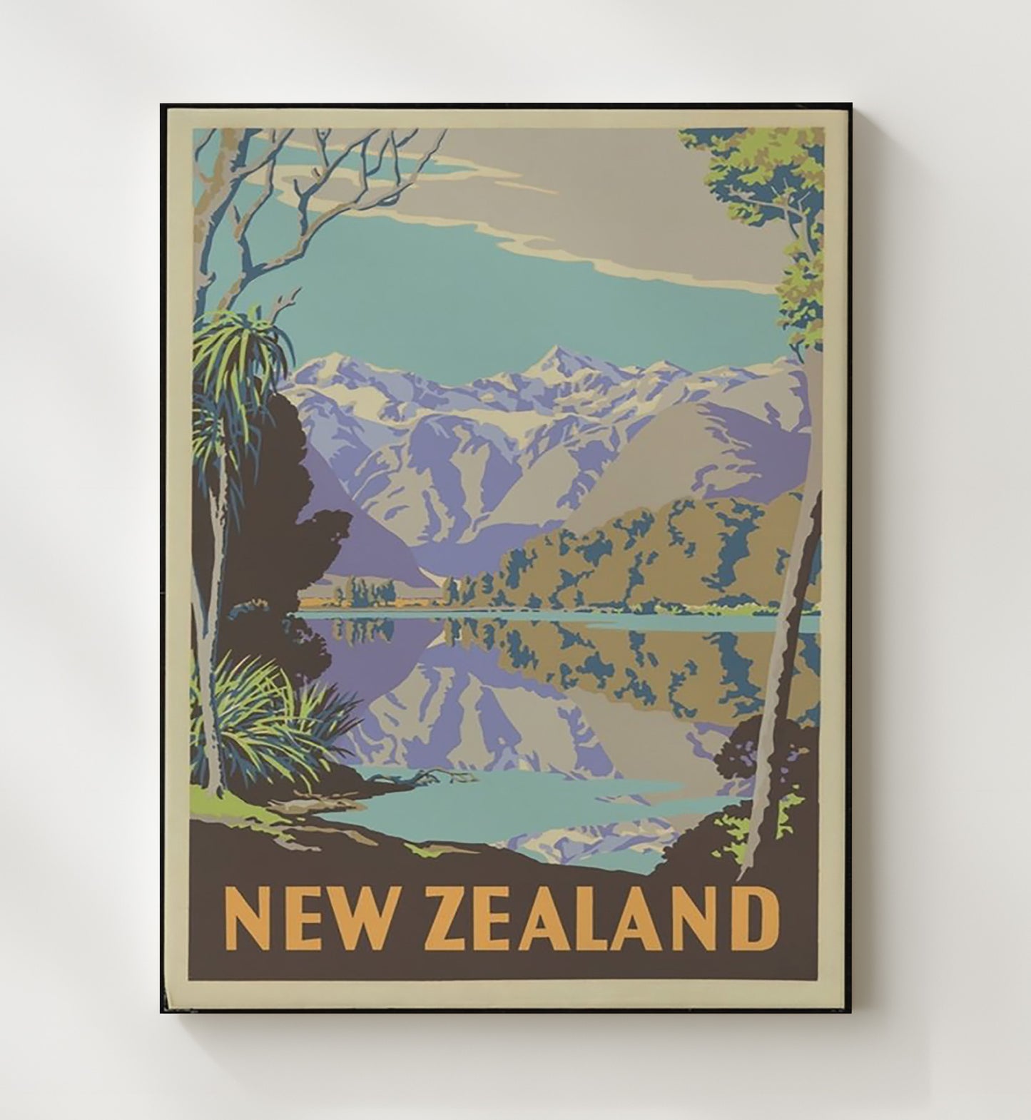 New Zealand Lakeside Mountains Vintage Travel Print 20x24 Canvas travel wall art print