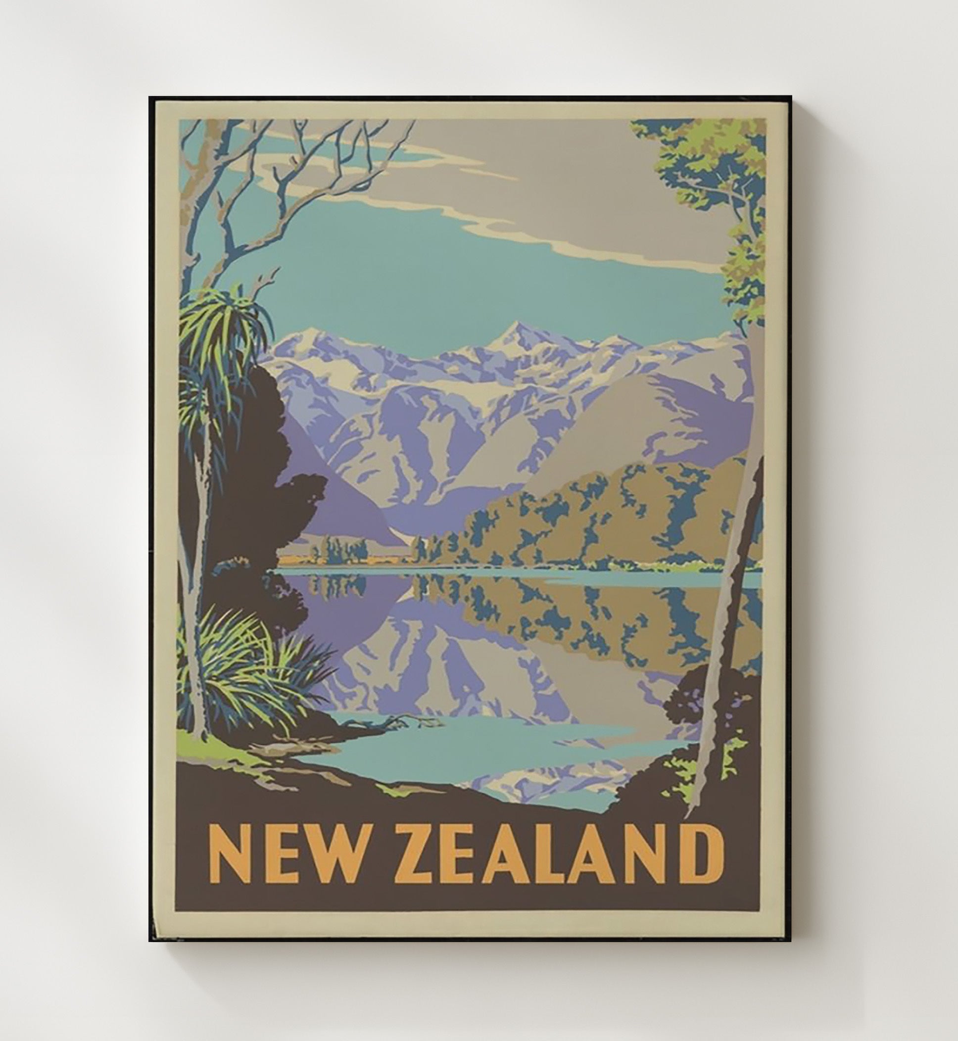 New Zealand Lakeside Mountains Vintage Travel Print 20x24 Canvas travel wall art print