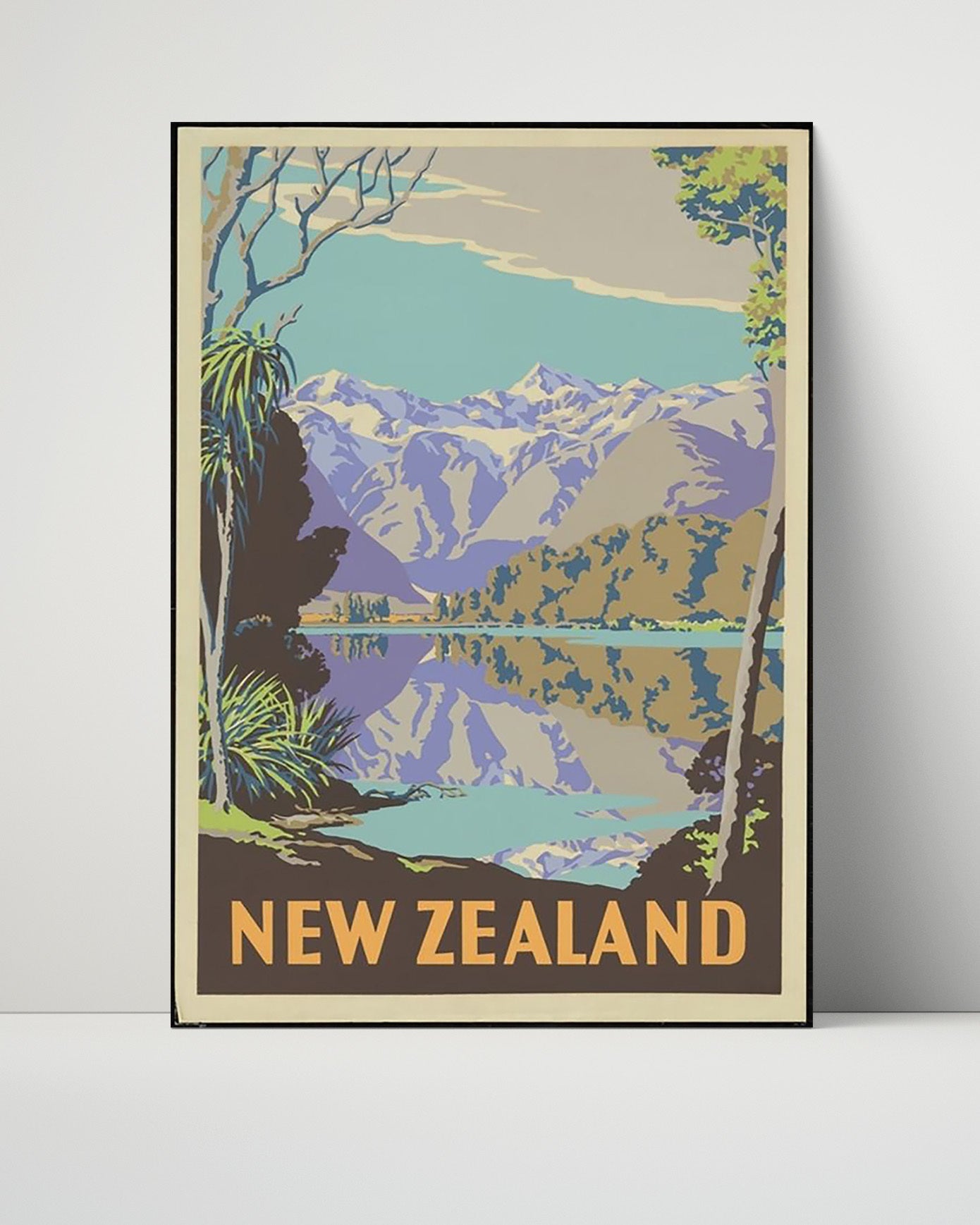 New Zealand Lakeside Mountains Vintage Travel Print 16x20 Unframed Print travel wall art print