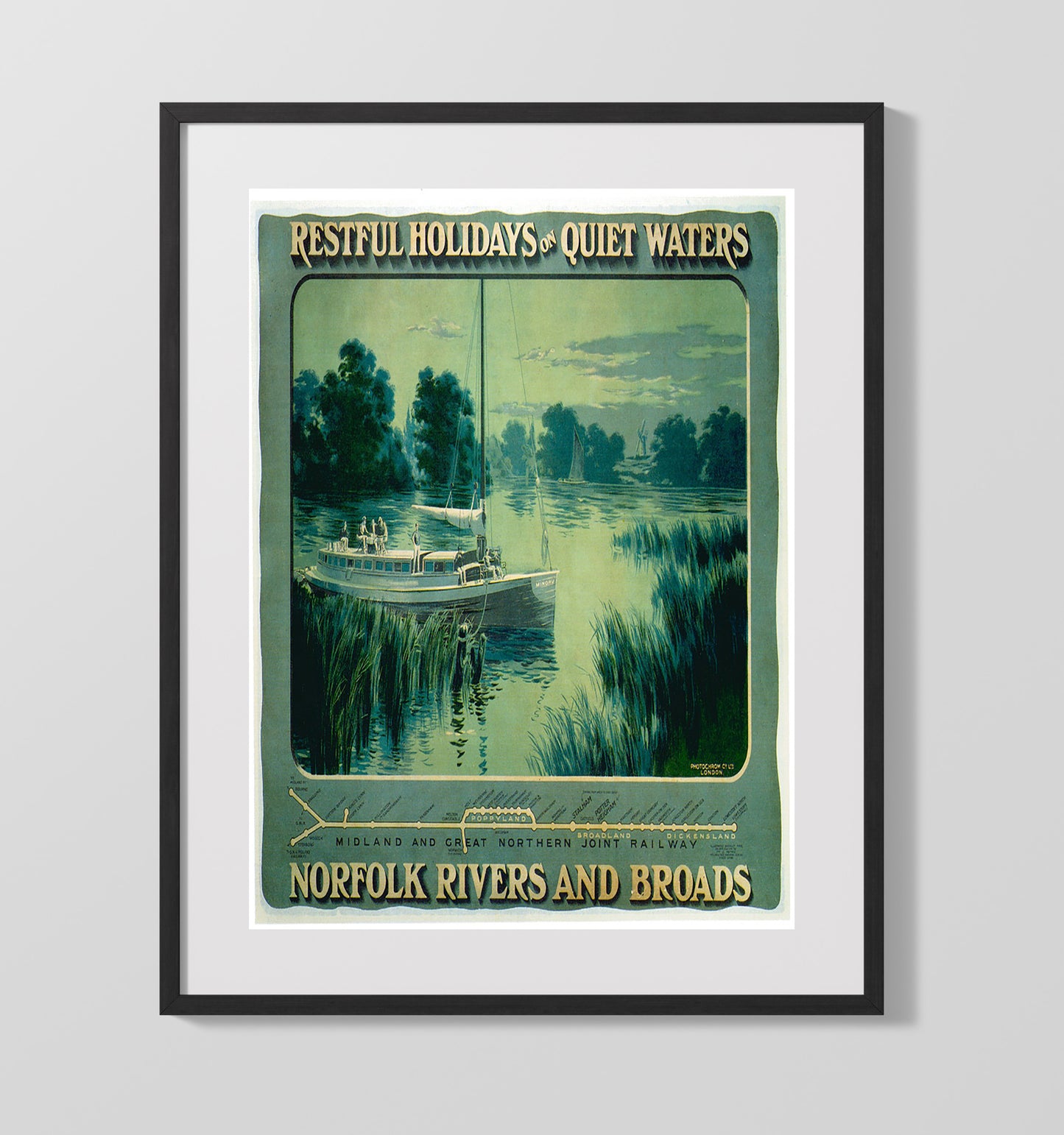Norfolk Rivers and Broads Vintage Travel Print 16x20 Gallery Frame travel wall art print