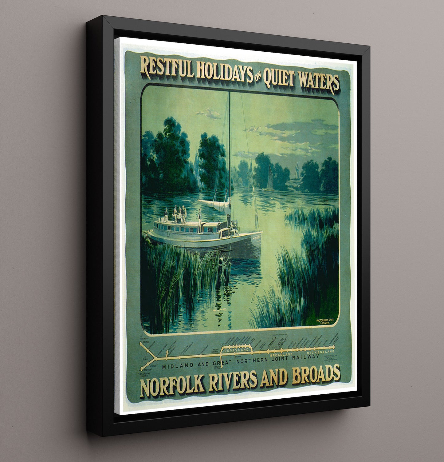 Norfolk Rivers and Broads Vintage Travel Print 16x20 Framed Canvas travel wall art print