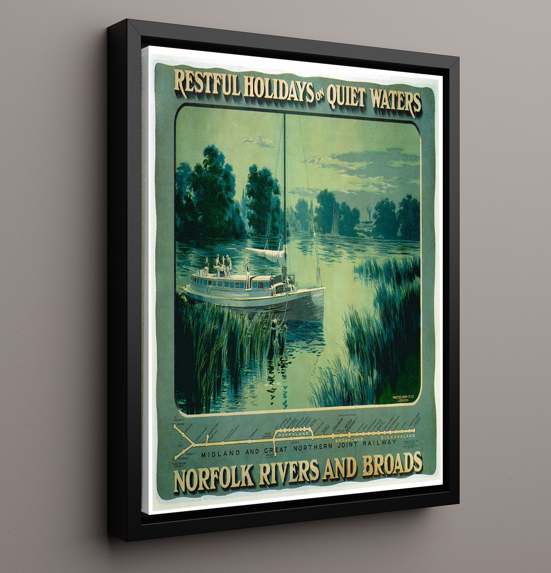 Norfolk Rivers and Broads Vintage Travel Print 16x20 Framed Canvas travel wall art print