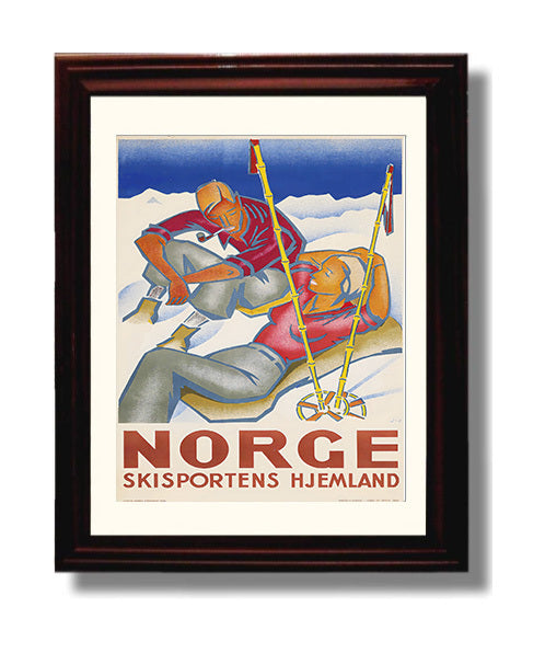 Norge Ski Couple Vintage Travel Print 8x10 Beveled Frame travel wall art print