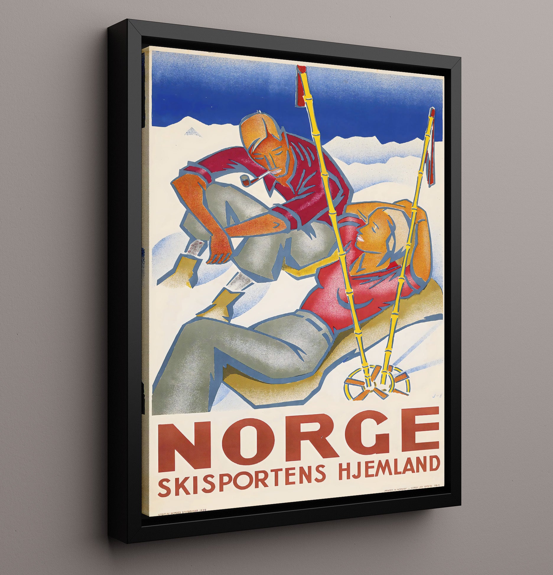 Norge Ski Couple Vintage Travel Print 16x20 Framed Canvas travel wall art print