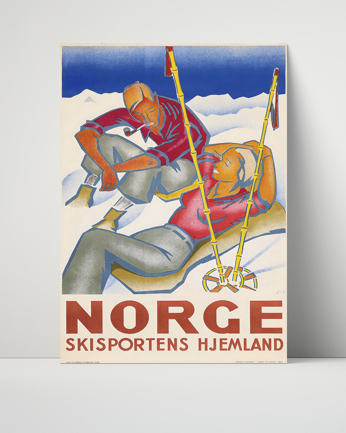Norge Ski Couple Vintage Travel Print 16x20 Unframed Print travel wall art print