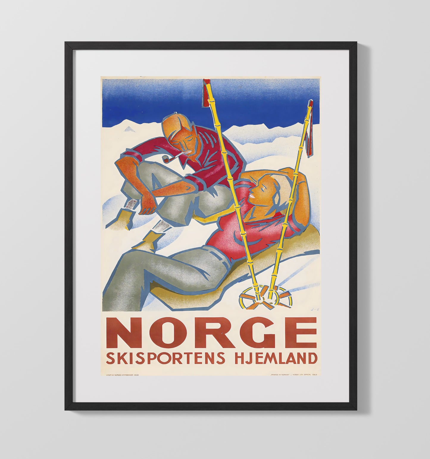Norge Ski Couple Vintage Travel Print 16x20 Gallery Frame travel wall art print