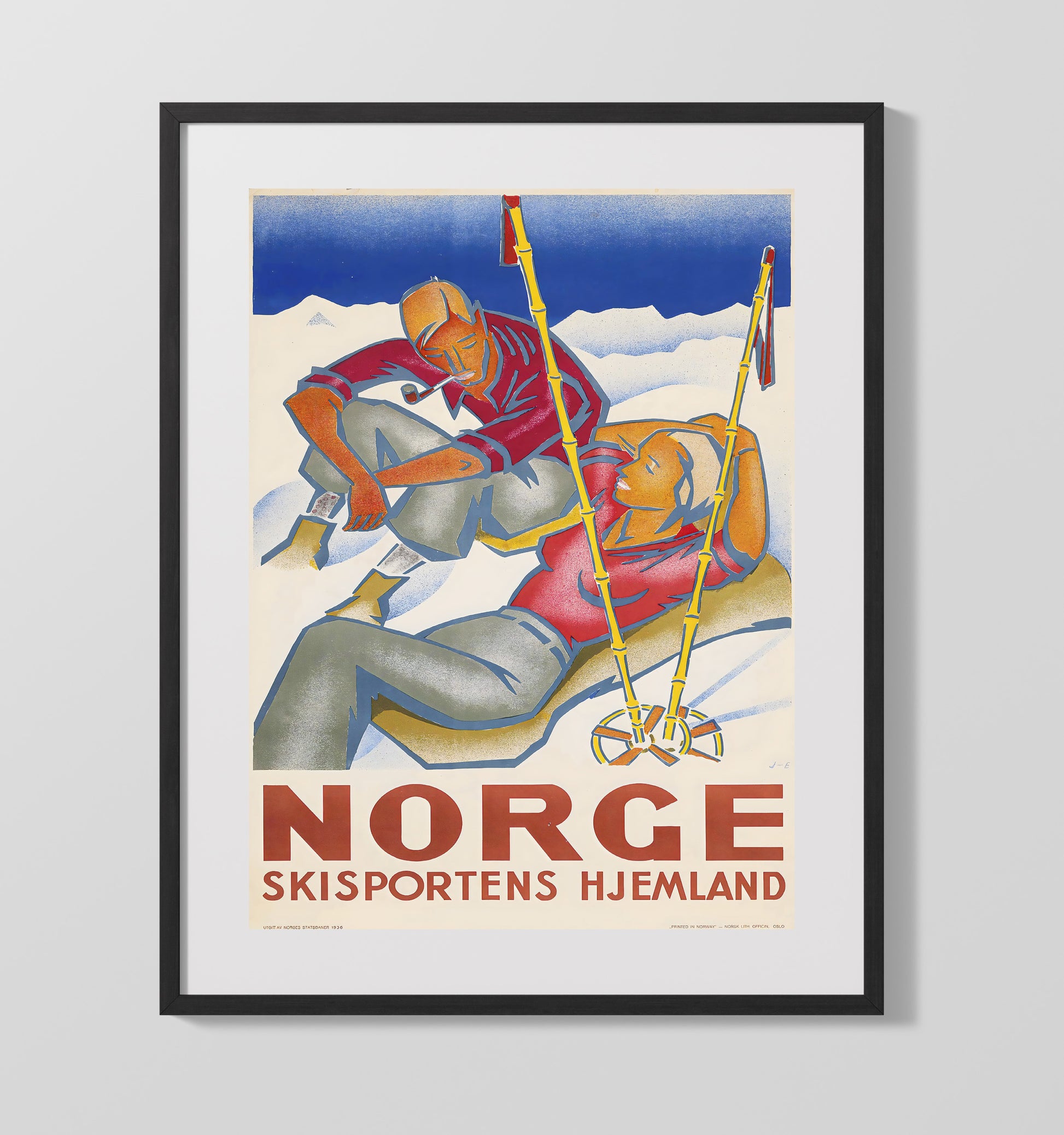 Norge Ski Couple Vintage Travel Print 16x20 Gallery Frame travel wall art print
