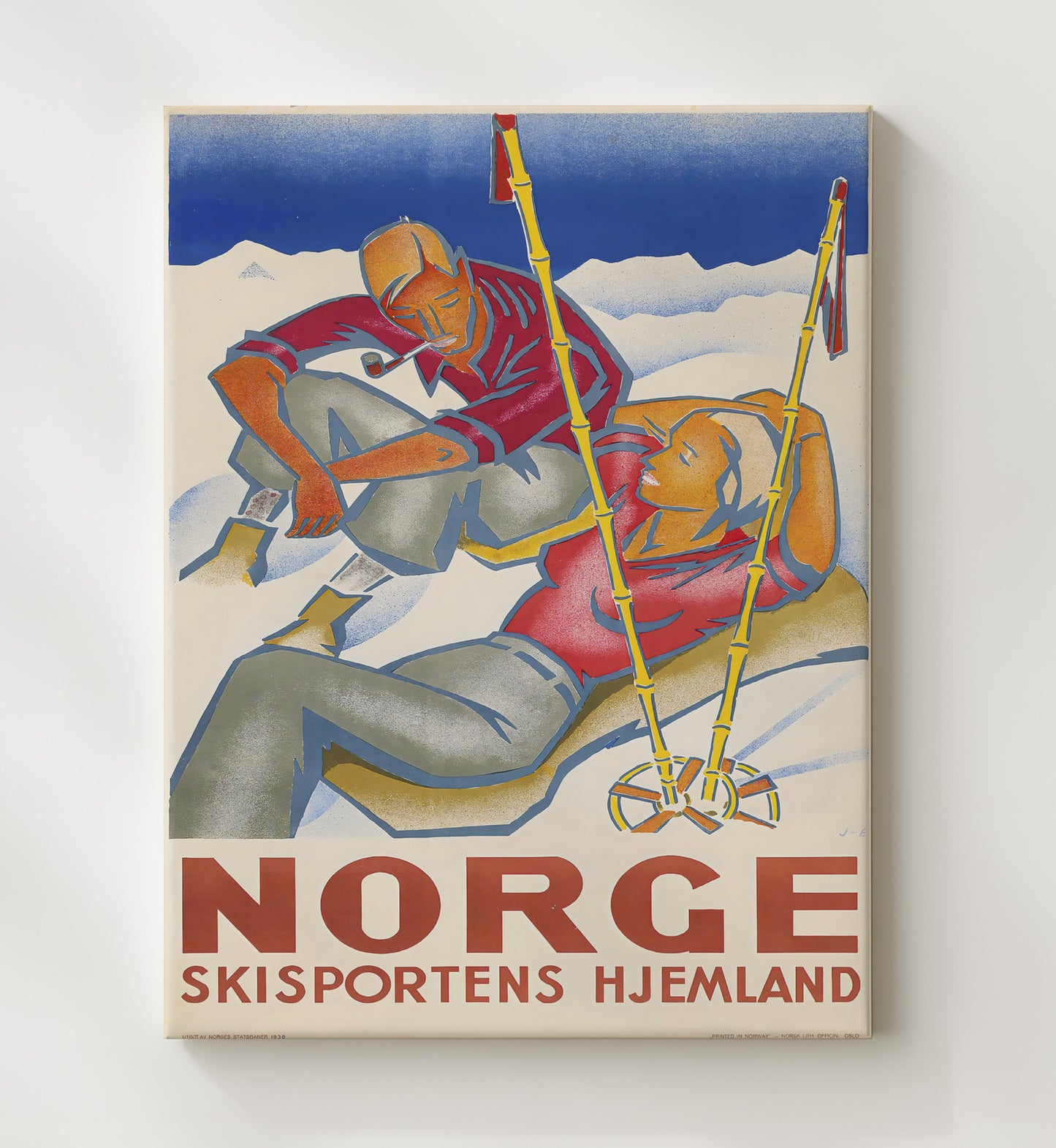 Norge Ski Couple Vintage Travel Print 20x24 Canvas travel wall art print