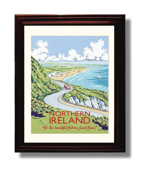 Northern Ireland Antrim Coast Road Vintage Travel Print 8x10 Beveled Frame travel wall art print