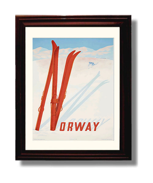 Norway Ski Slopes Vintage Travel Print 8x10 Beveled Frame travel wall art print