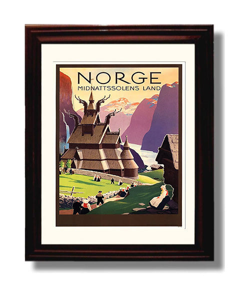 Norway Stave Church Vintage Travel Print 8x10 Beveled Frame travel wall art print