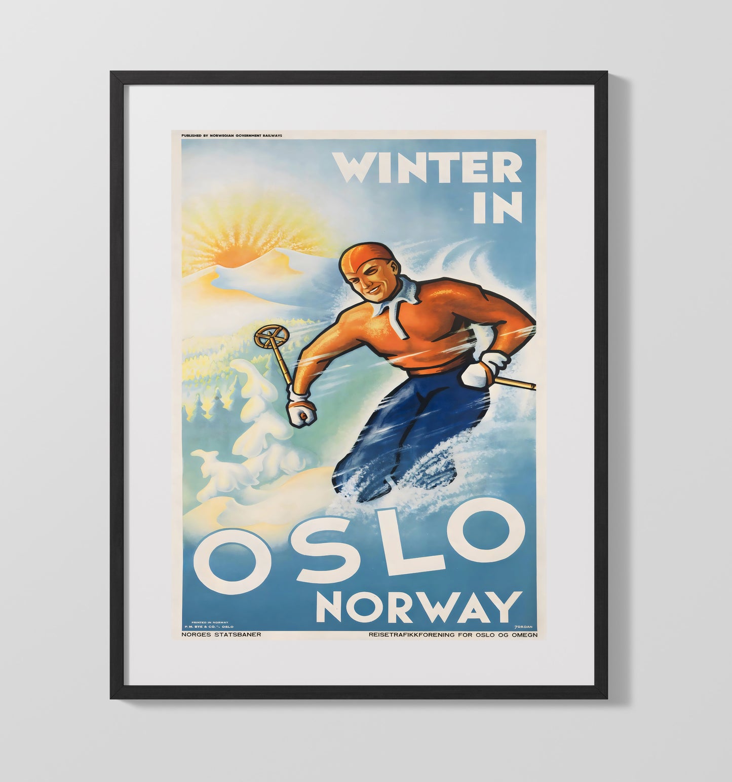 Oslo Winter Ski Norway Vintage Travel Print 16x20 Gallery Frame travel wall art print