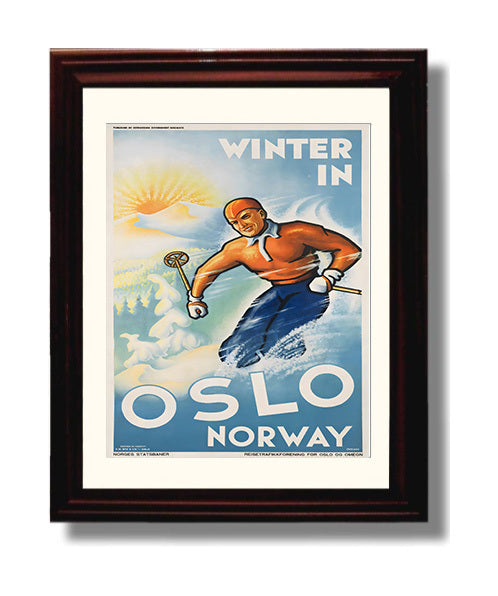Oslo Winter Ski Norway Vintage Travel Print 8x10 Beveled Frame travel wall art print
