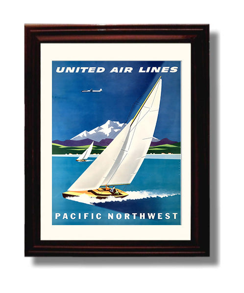 Pacific Northwest United Air Lines Vintage Travel Print 8x10 Beveled Frame travel wall art print