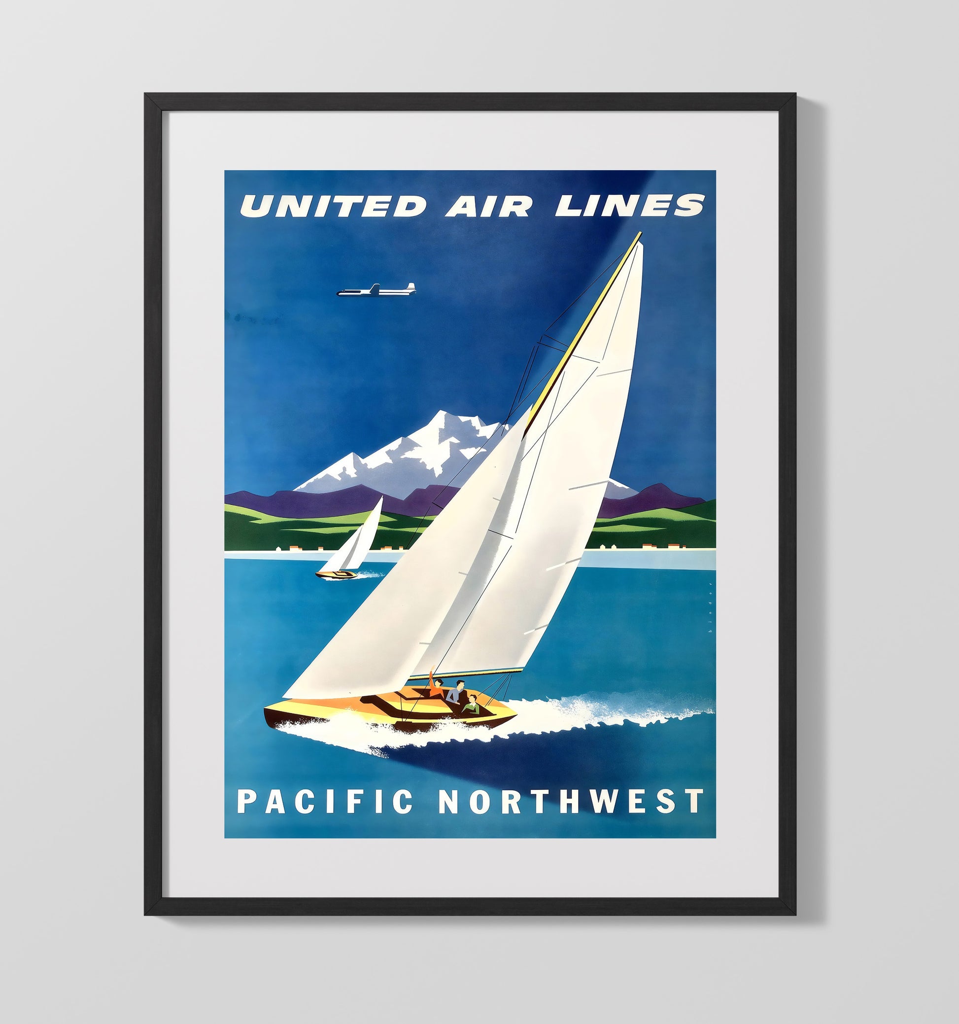 Pacific Northwest United Air Lines Vintage Travel Print 16x20 Gallery Frame travel wall art print