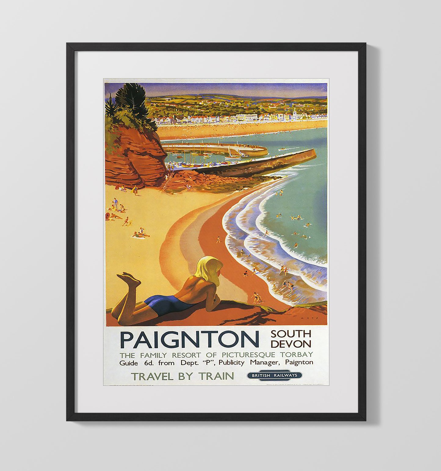 Paignton South Devon Seaside Vintage Travel Print 16x20 Gallery Frame travel wall art print
