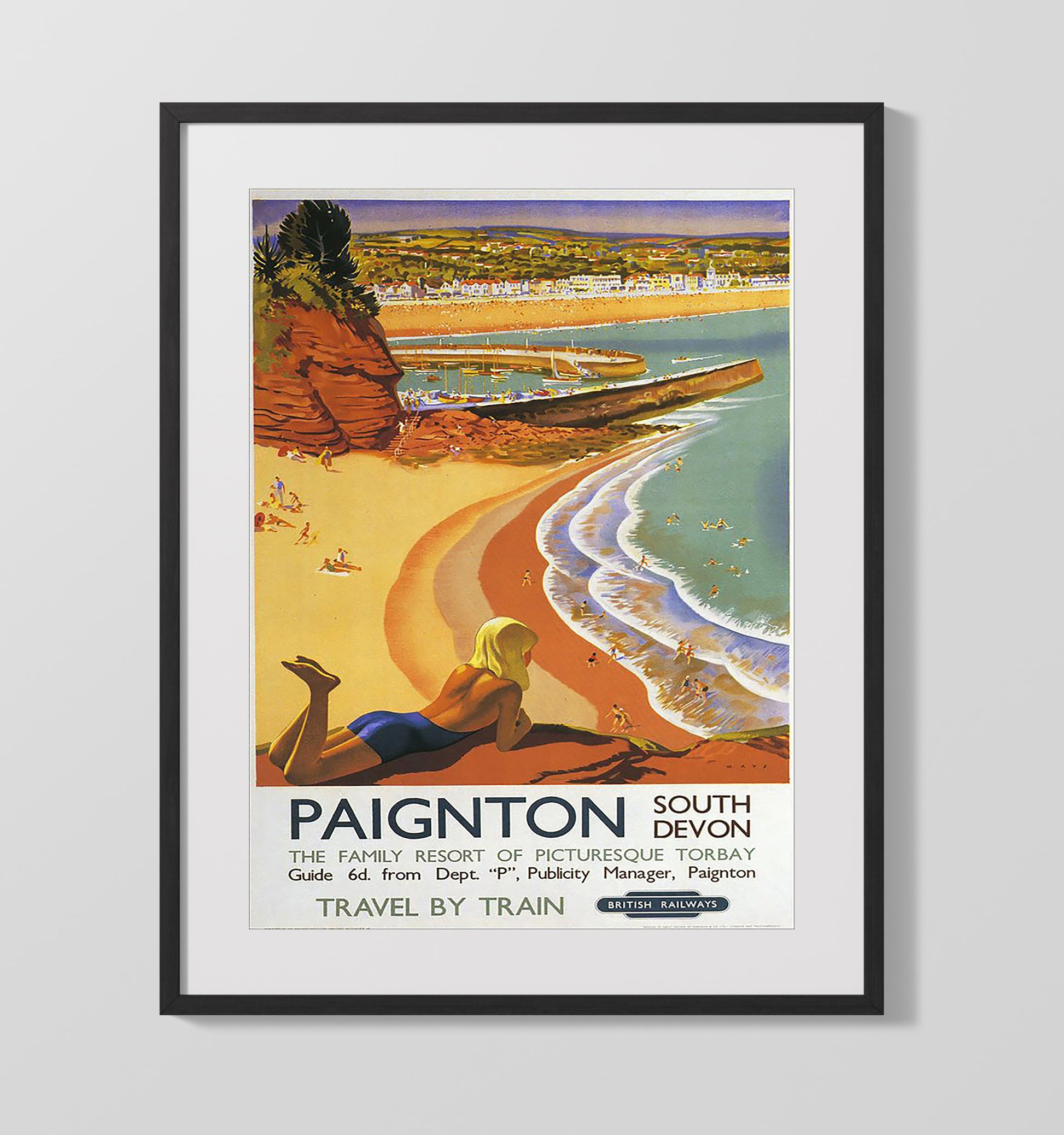 Paignton South Devon Seaside Vintage Travel Print 16x20 Gallery Frame travel wall art print