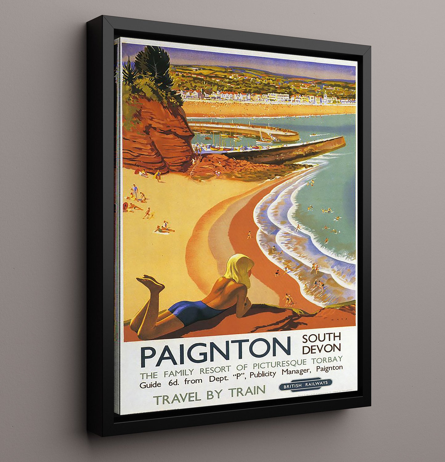 Paignton South Devon Seaside Vintage Travel Print 16x20 Framed Canvas travel wall art print