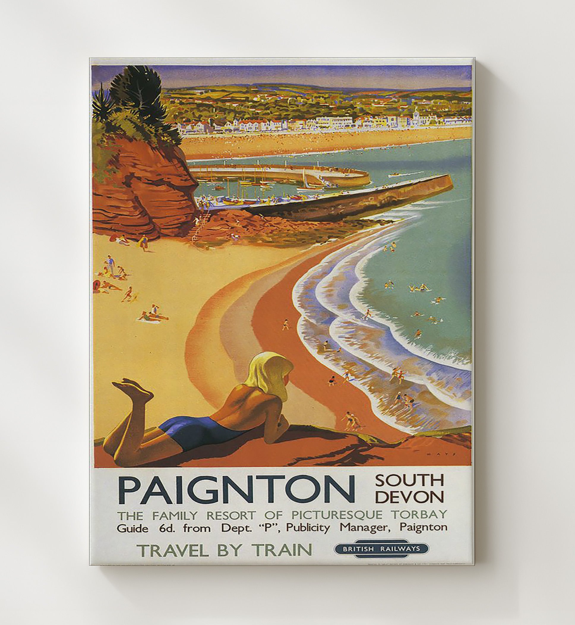 Paignton South Devon Seaside Vintage Travel Print 20x24 Canvas travel wall art print