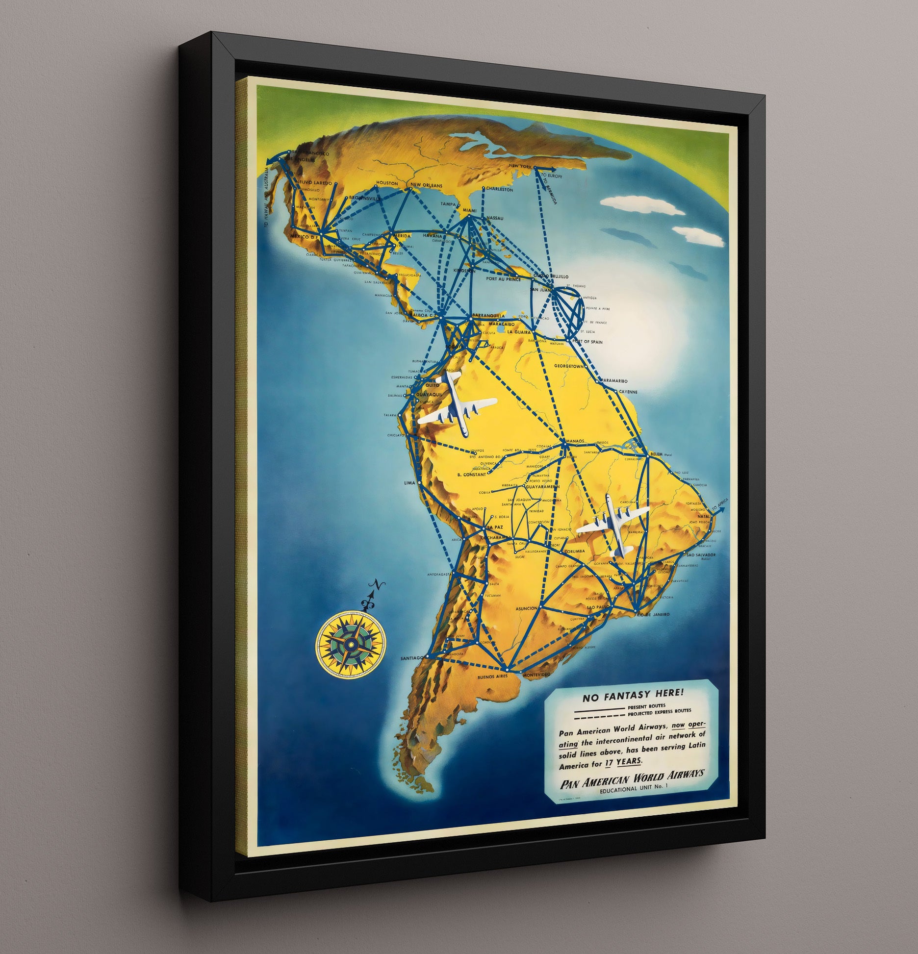 Pan Am South America Routes Vintage Travel Print 16x20 Framed Canvas travel wall art print
