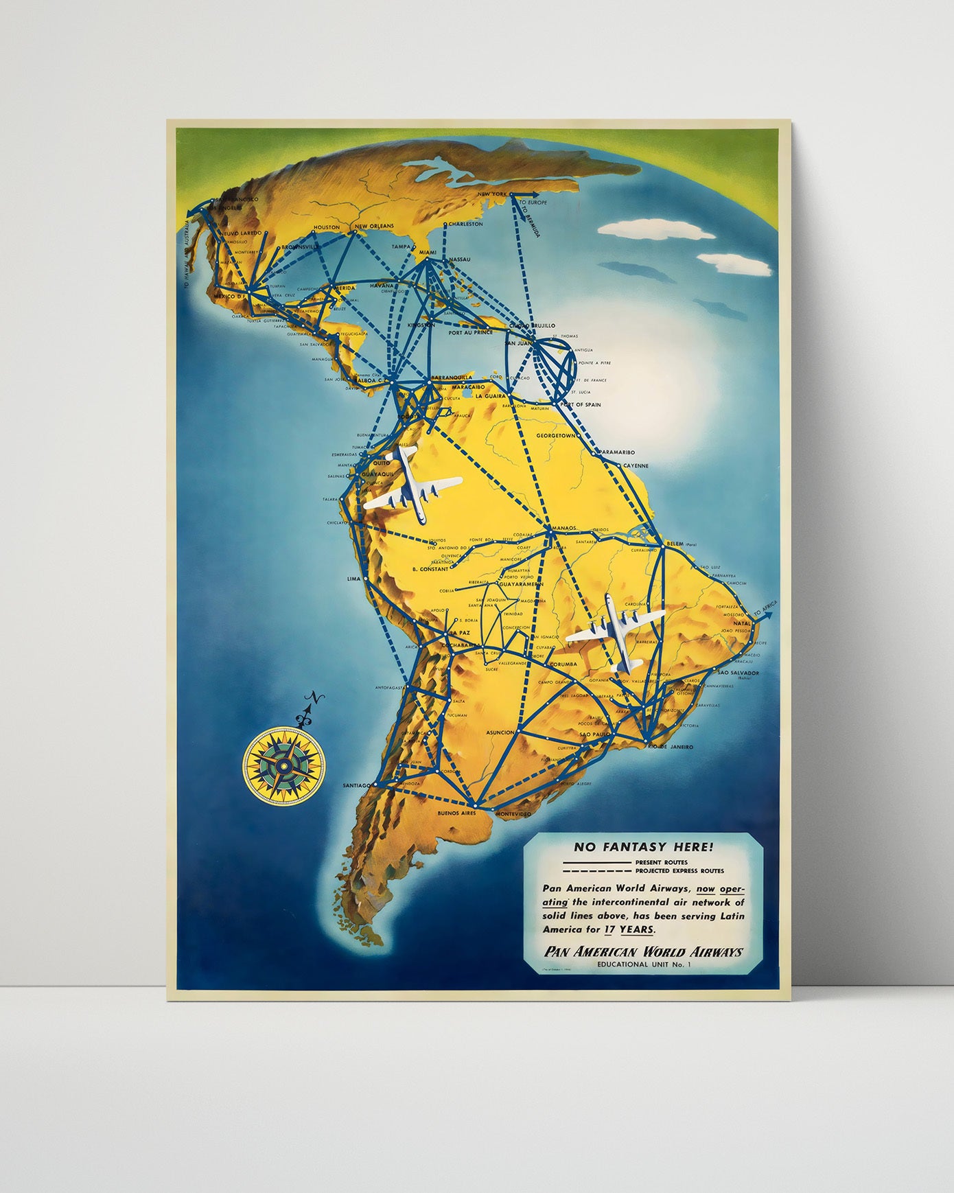 Pan Am South America Routes Vintage Travel Print 16x20 Unframed Print travel wall art print