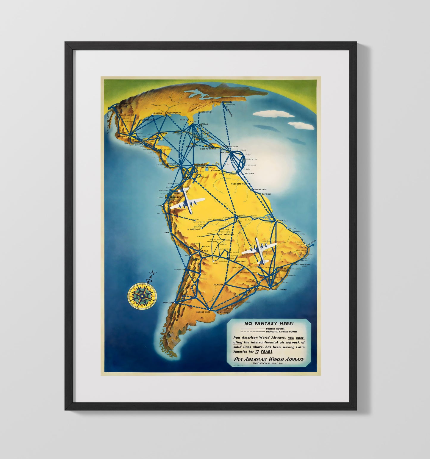Pan Am South America Routes Vintage Travel Print 16x20 Gallery Frame travel wall art print