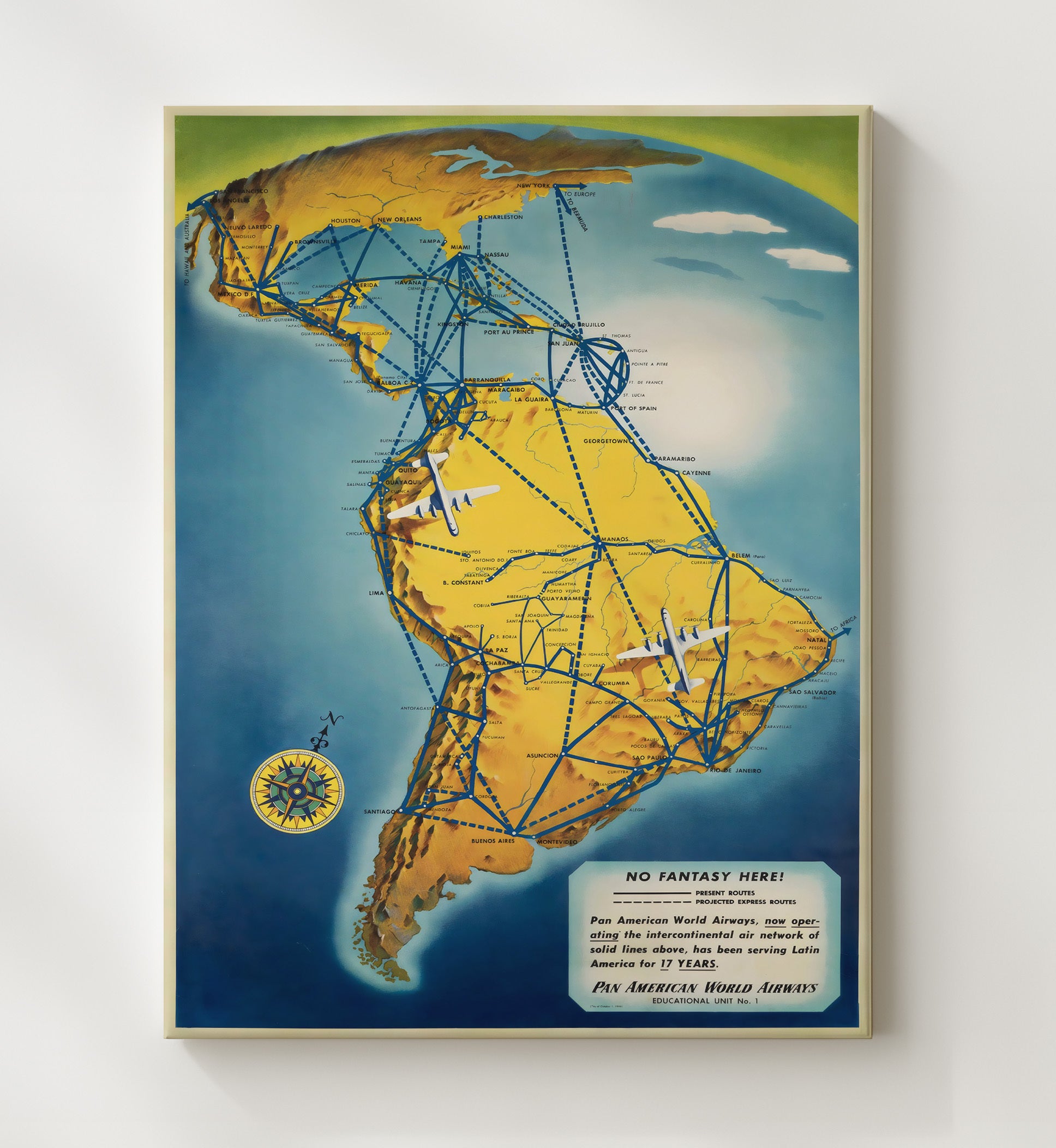 Pan Am South America Routes Vintage Travel Print 20x24 Canvas travel wall art print