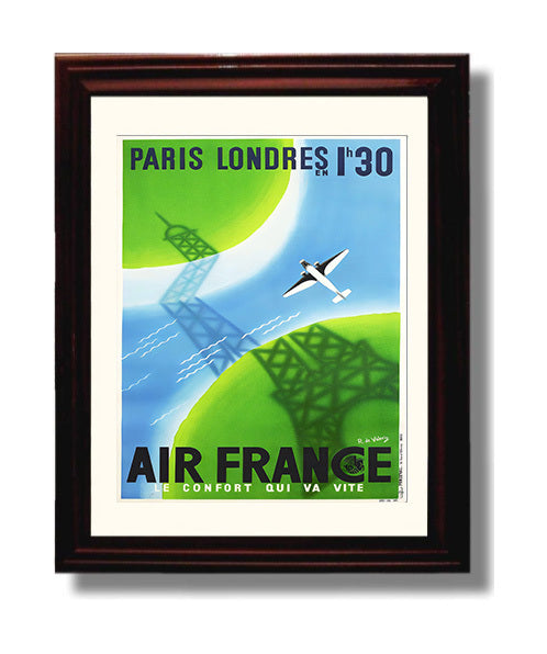 Paris Air France London Route Vintage Travel Print 8x10 Beveled Frame travel wall art print