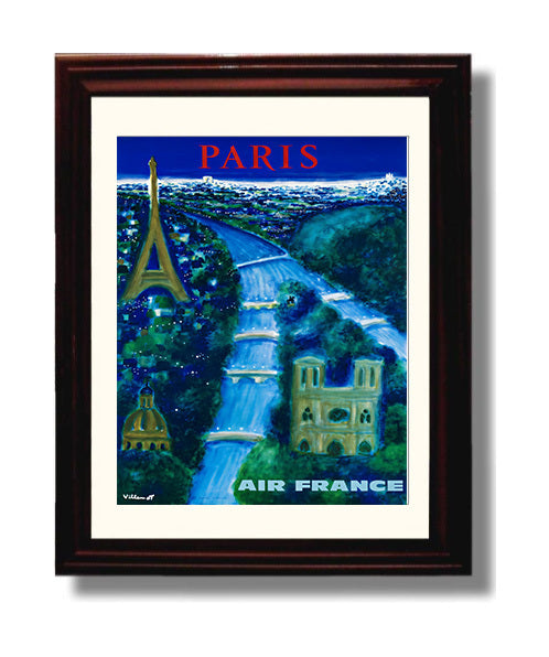 Paris Air France Night View Vintage Travel Print 8x10 Beveled Frame travel wall art print