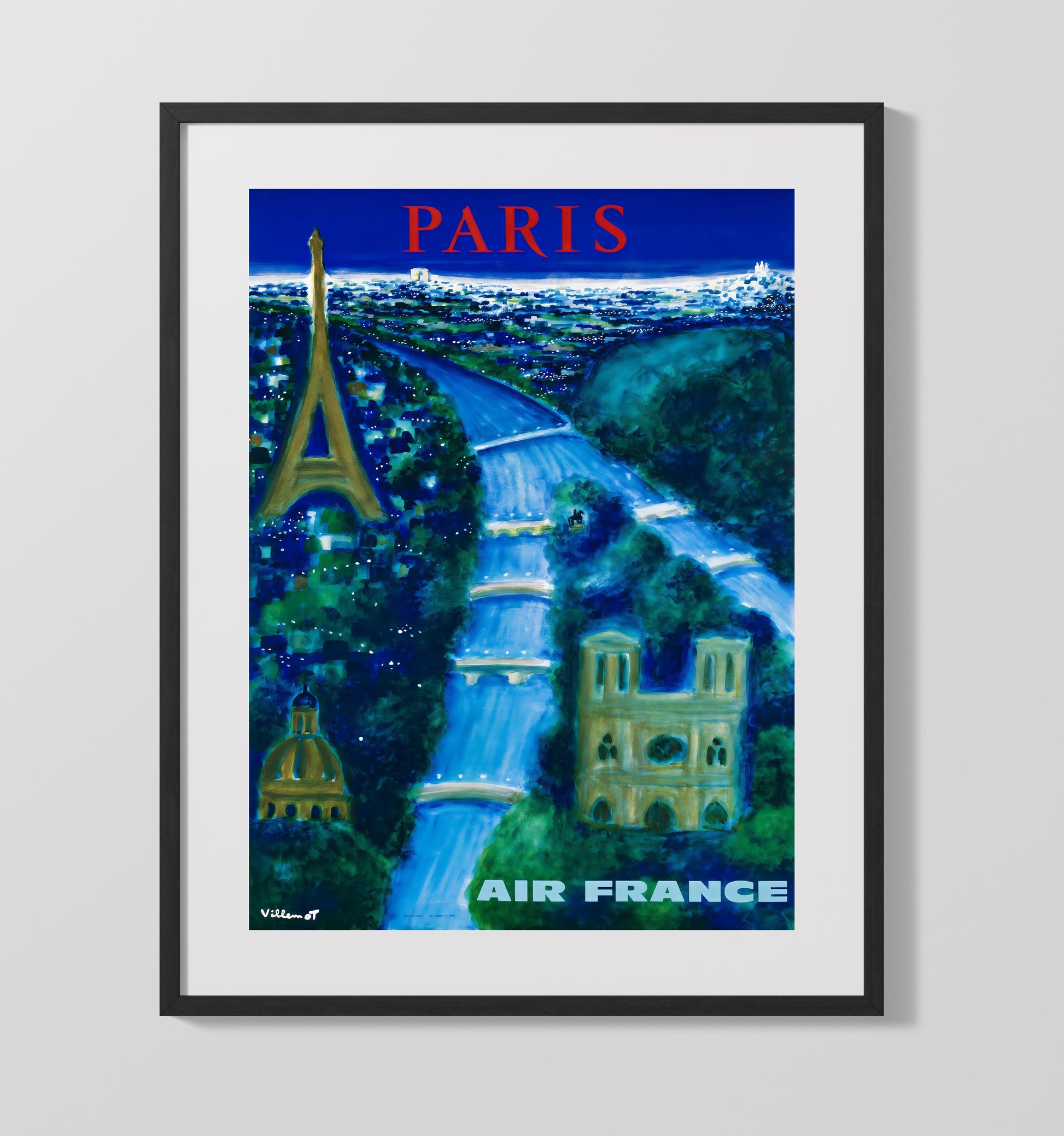 Paris Air France Night View Vintage Travel Print 16x20 Gallery Frame travel wall art print