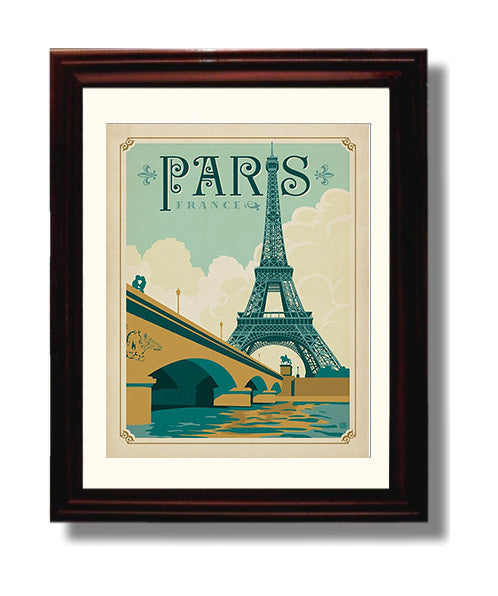 Paris Bridge View Vintage Travel Print 8x10 Beveled Frame travel wall art print