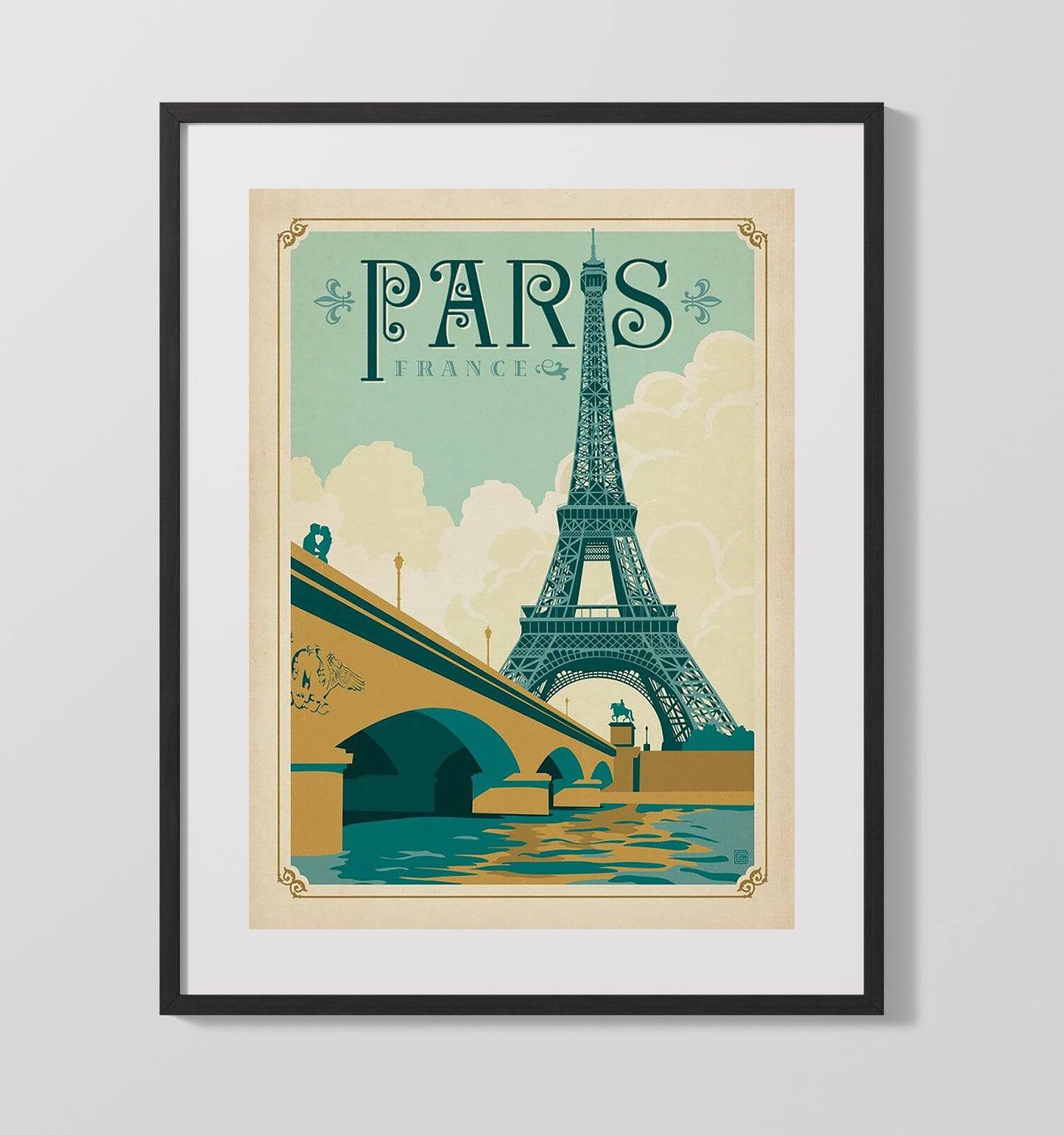 Paris Bridge View Vintage Travel Print 16x20 Gallery Frame travel wall art print