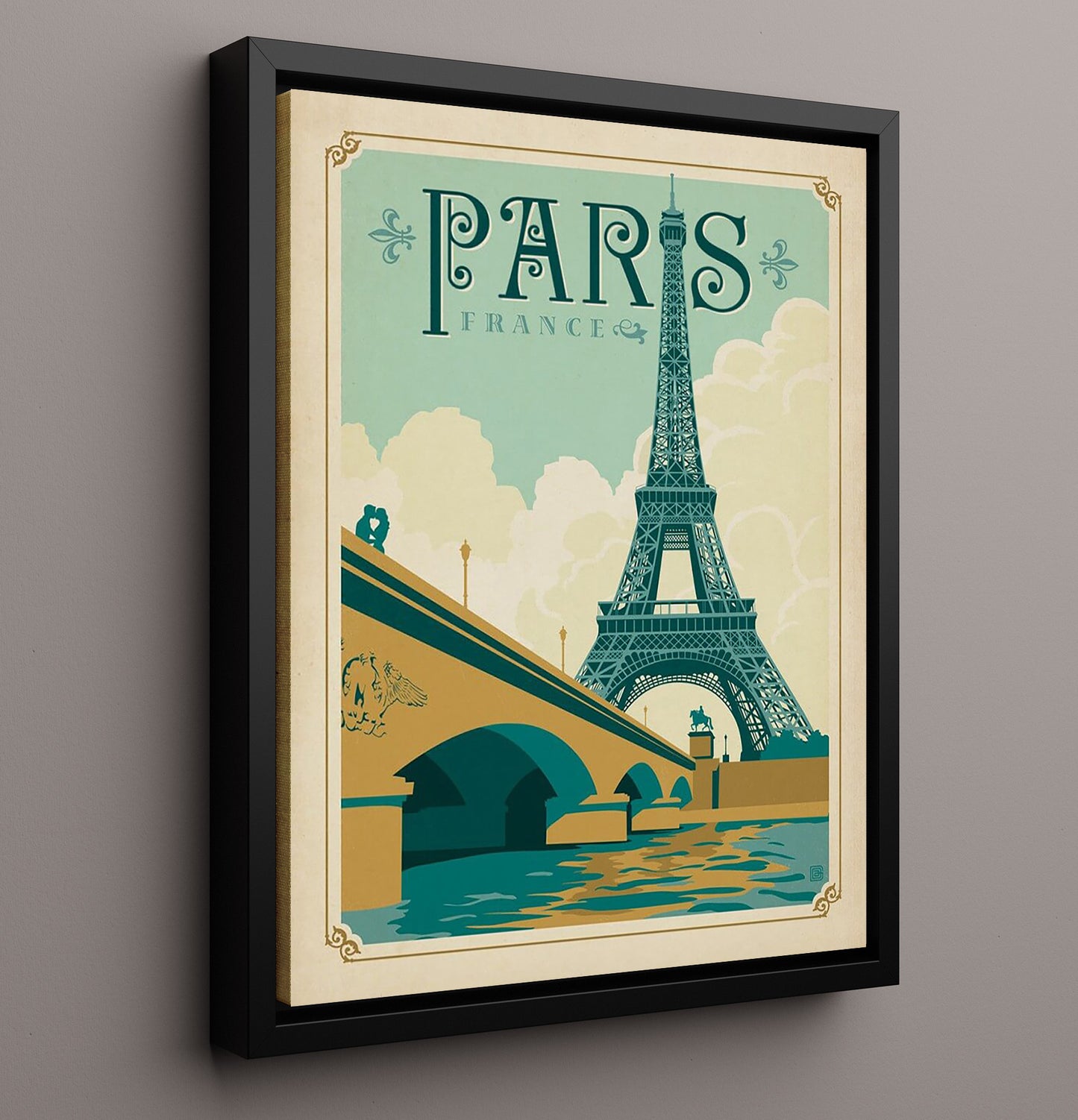 Paris Bridge View Vintage Travel Print 16x20 Framed Canvas travel wall art print